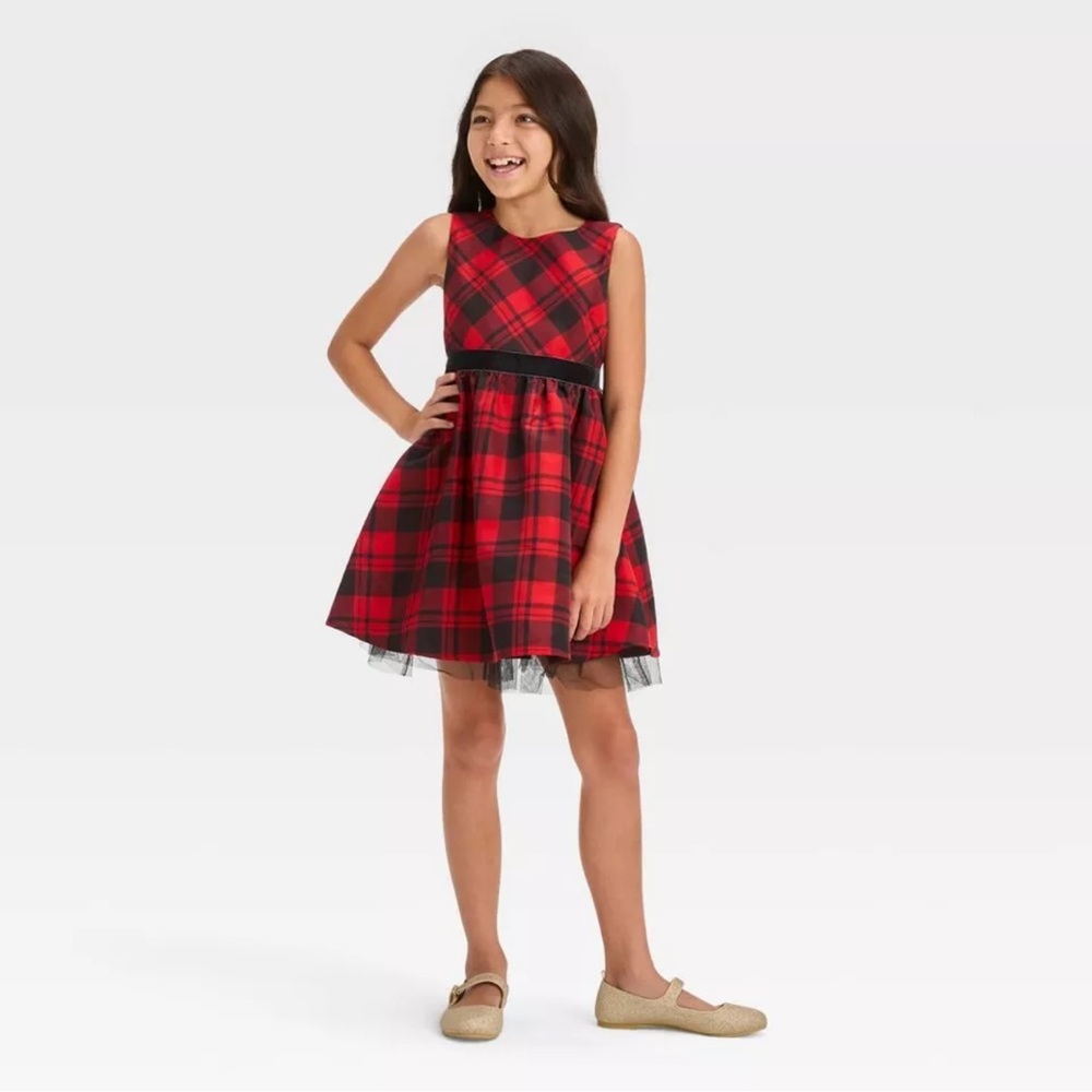 Cat & Jack Girls' Sleeveless High Neck Plaid Dress - Red/Black, M